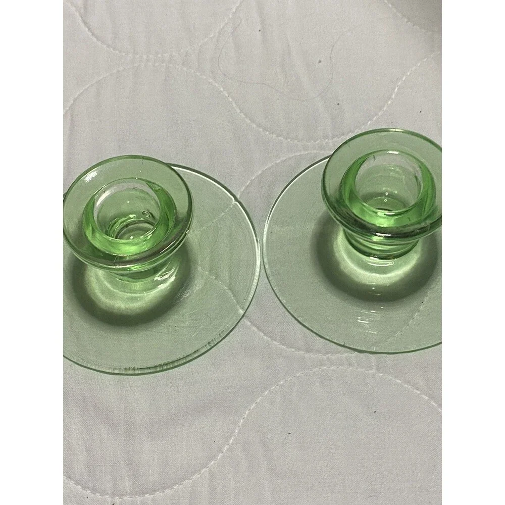 Green Depression Uranium Vaseline Glass Glow Glass 2 Candleholders